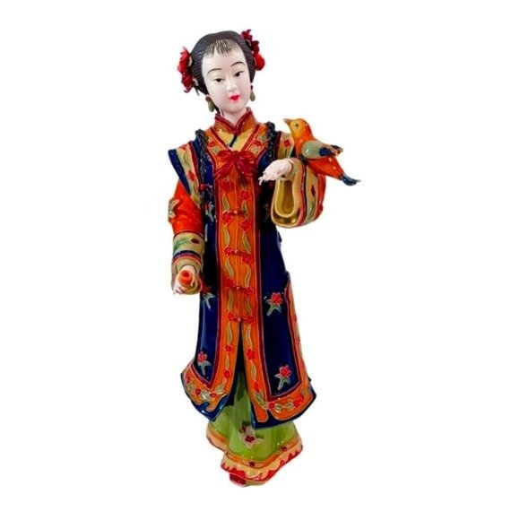 Handmade Other - Vintage Chinese Wucai Shiwan Clay Pottery Woman Bird Figurine Sculpture Statue